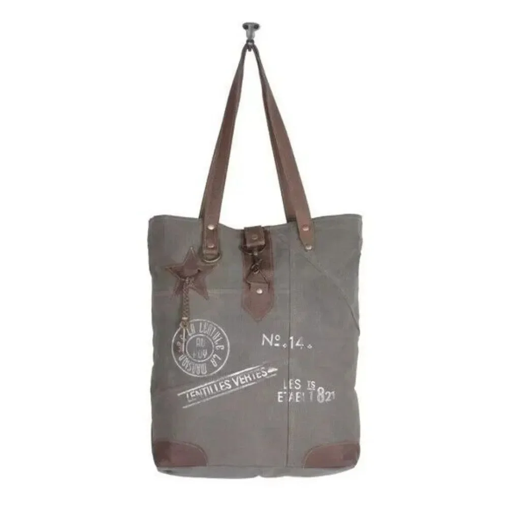Myra Bag Handmade Time Tote Bag Upcycled Canvas & Cowhide Leather